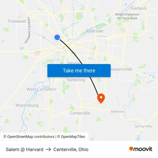 Salem @ Harvard to Centerville, Ohio map