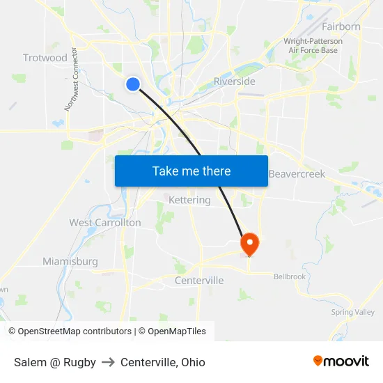 Salem @ Rugby to Centerville, Ohio map