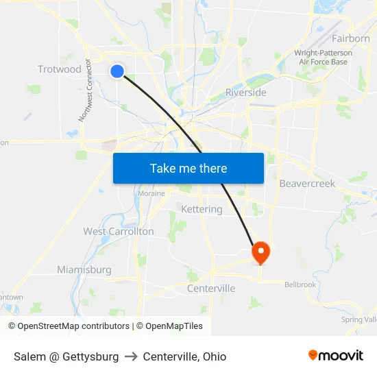 Salem @ Gettysburg to Centerville, Ohio map