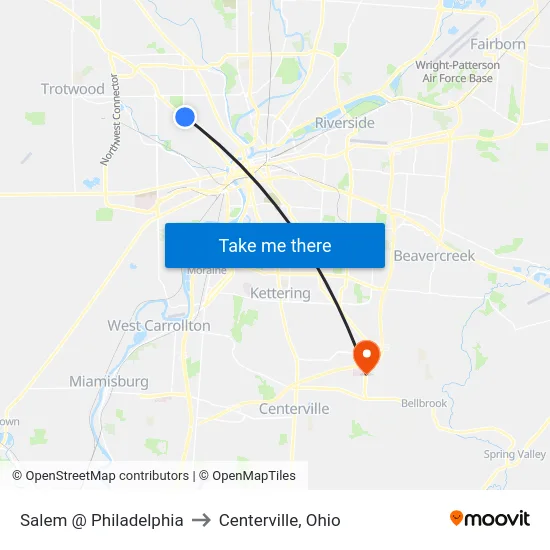 Salem @ Philadelphia to Centerville, Ohio map