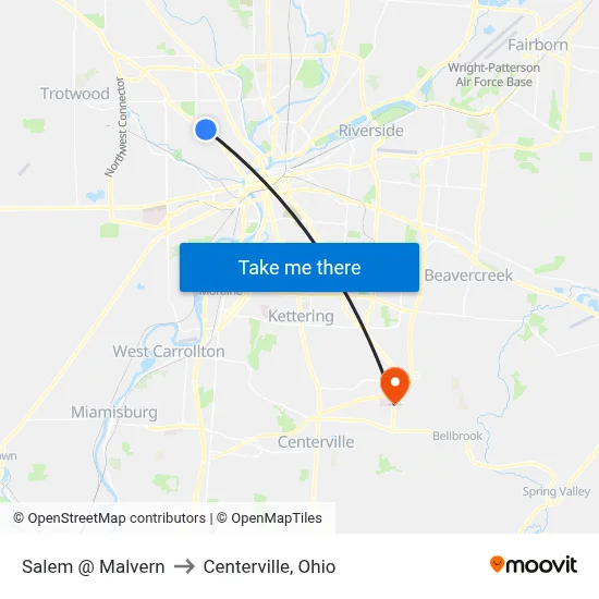 Salem @ Malvern to Centerville, Ohio map