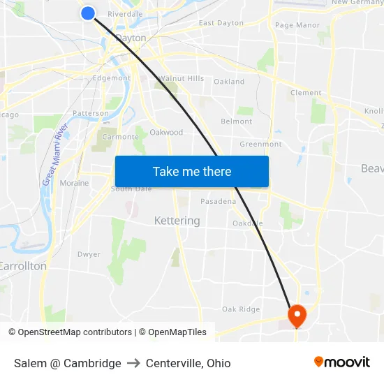Salem @ Cambridge to Centerville, Ohio map
