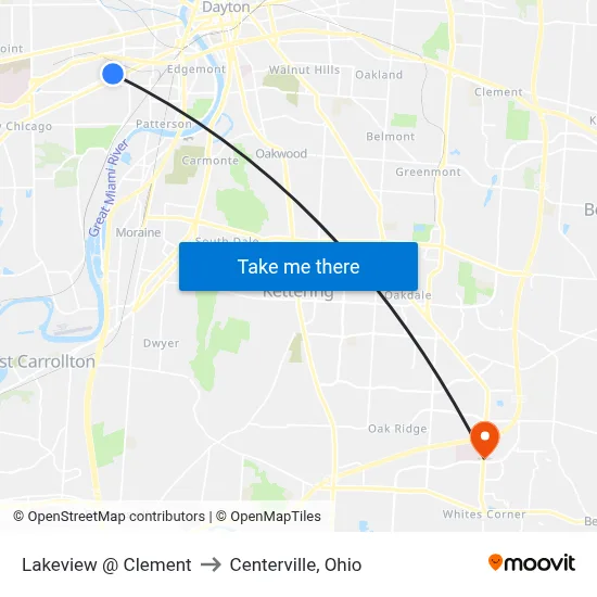 Lakeview @ Clement to Centerville, Ohio map