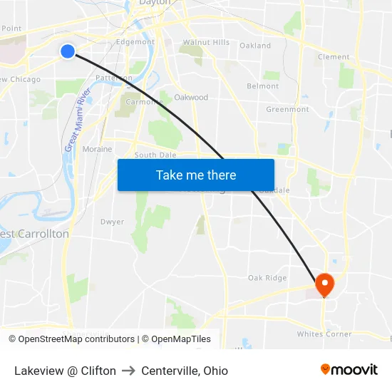 Lakeview @ Clifton to Centerville, Ohio map