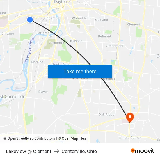 Lakeview @ Clement to Centerville, Ohio map