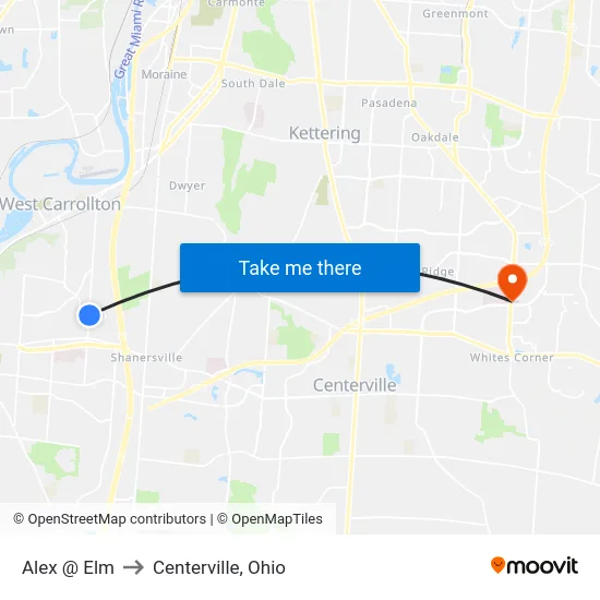 Alex @ Elm to Centerville, Ohio map