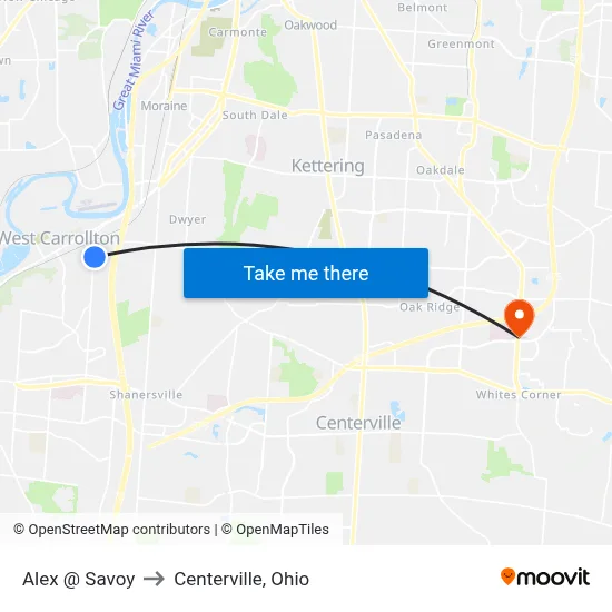 Alex @ Savoy to Centerville, Ohio map
