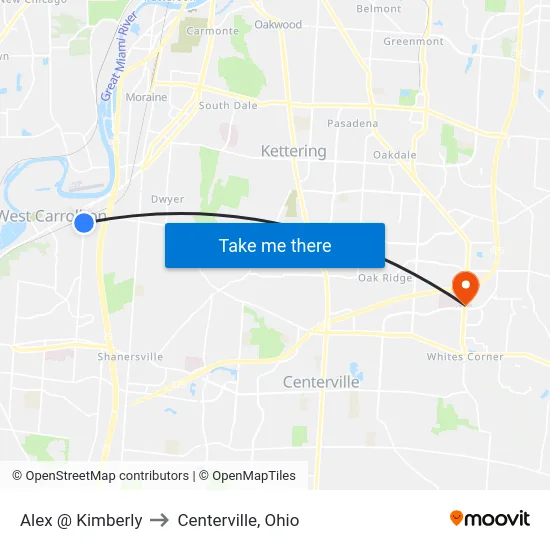 Alex @ Kimberly to Centerville, Ohio map