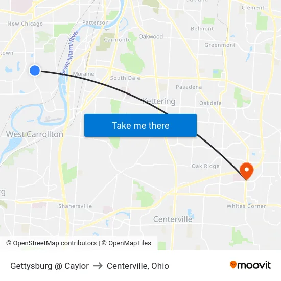 Gettysburg @ Caylor to Centerville, Ohio map