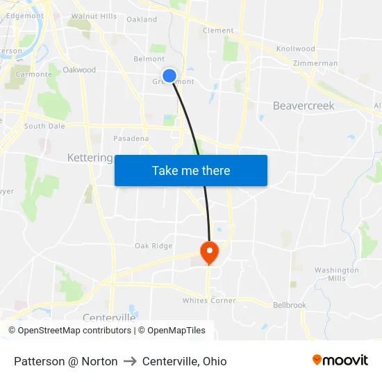 Patterson @ Norton to Centerville, Ohio map