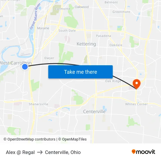 Alex @ Regal to Centerville, Ohio map