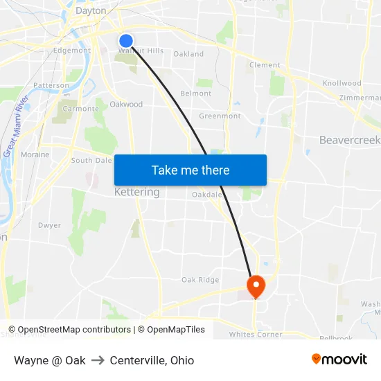 Wayne @ Oak to Centerville, Ohio map