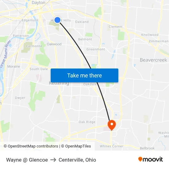 Wayne @ Glencoe to Centerville, Ohio map