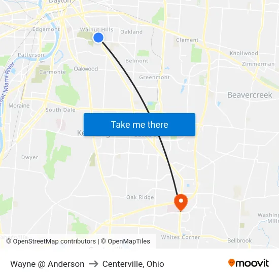 Wayne @ Anderson to Centerville, Ohio map