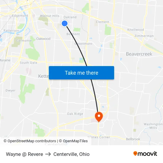 Wayne @ Revere to Centerville, Ohio map