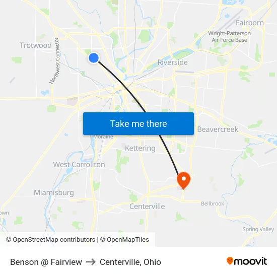 Benson @ Fairview to Centerville, Ohio map