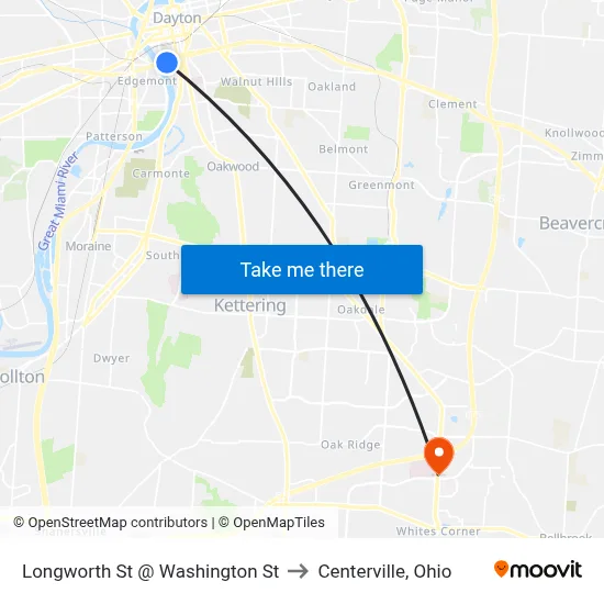 Longworth St @ Washington St to Centerville, Ohio map
