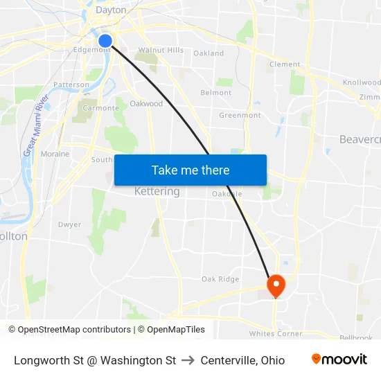 Longworth St @ Washington St to Centerville, Ohio map