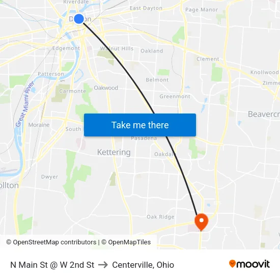 N Main St @ W 2nd St to Centerville, Ohio map