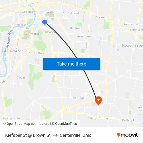Kiefaber St @ Brown St to Centerville, Ohio map
