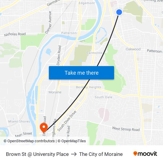 Brown St @ University Place to The City of Moraine map