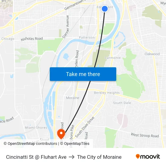 Cincinatti St @ Fluhart Ave to The City of Moraine map