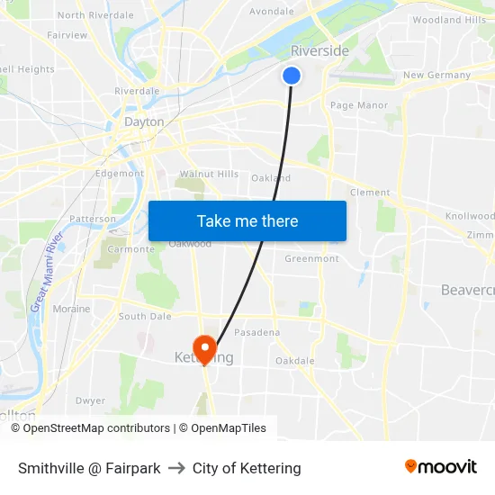 Smithville @ Fairpark to City of Kettering map