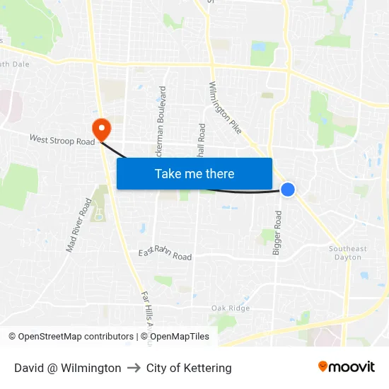 David @ Wilmington to City of Kettering map