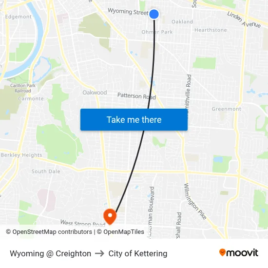 Wyoming @ Creighton to City of Kettering map