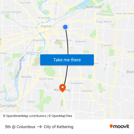 5th @ Columbus to City of Kettering map