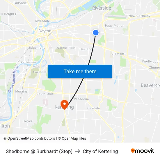 Shedborne @ Burkhardt (Stop) to City of Kettering map