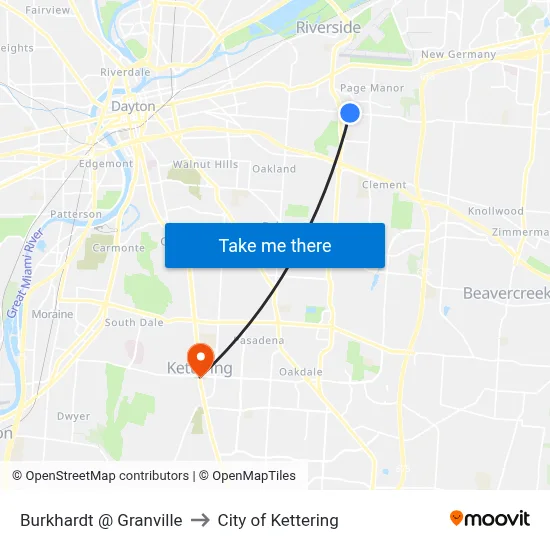 Burkhardt @ Granville to City of Kettering map