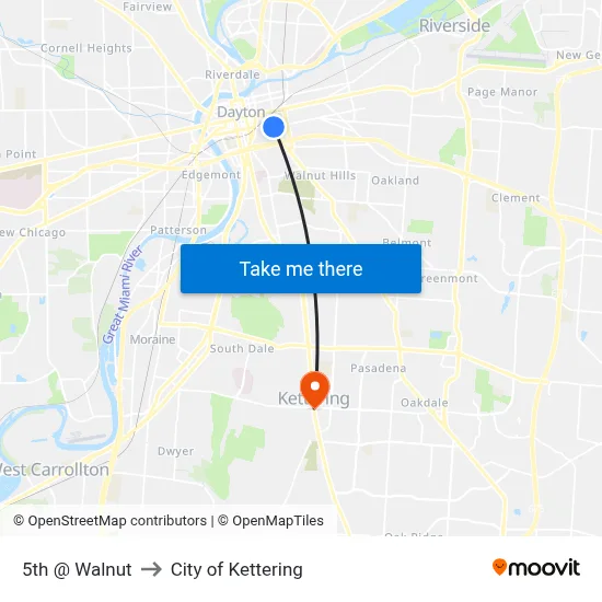 5th @ Walnut to City of Kettering map
