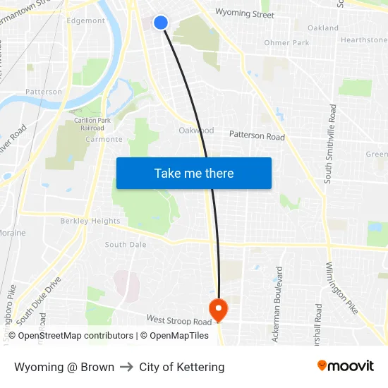 Wyoming @ Brown to City of Kettering map