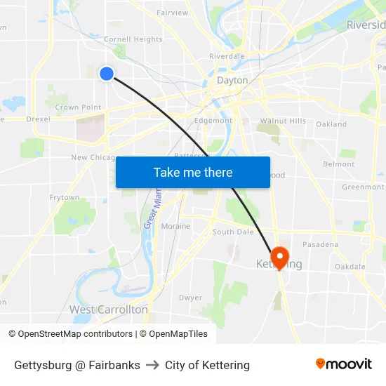 Gettysburg @ Fairbanks to City of Kettering map