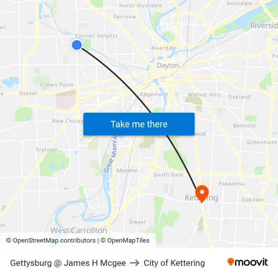 Gettysburg @ James H Mcgee to City of Kettering map