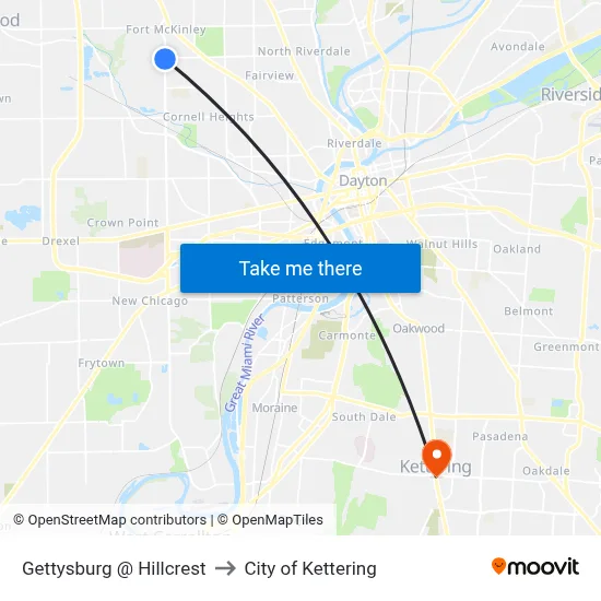 Gettysburg @ Hillcrest to City of Kettering map