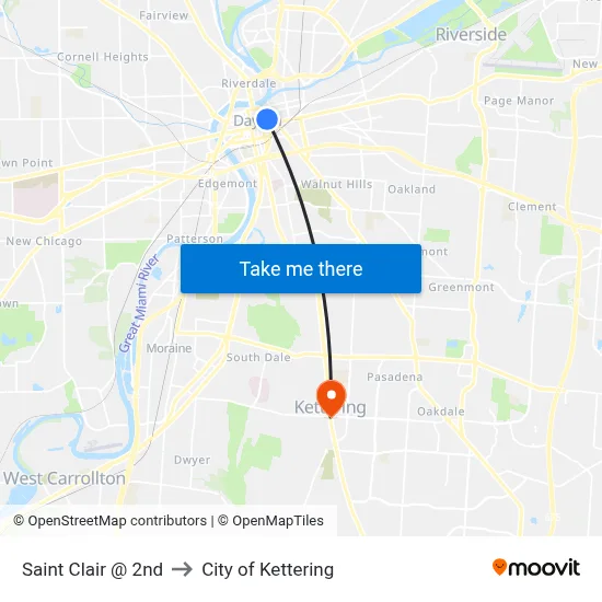 Saint Clair @ 2nd to City of Kettering map