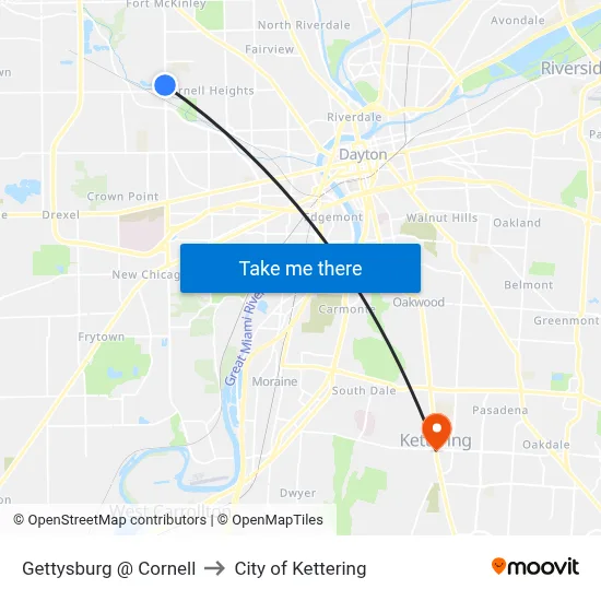 Gettysburg @ Cornell to City of Kettering map