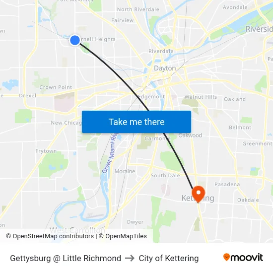 Gettysburg @ Little Richmond to City of Kettering map