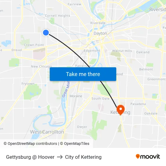 Gettysburg @ Hoover to City of Kettering map