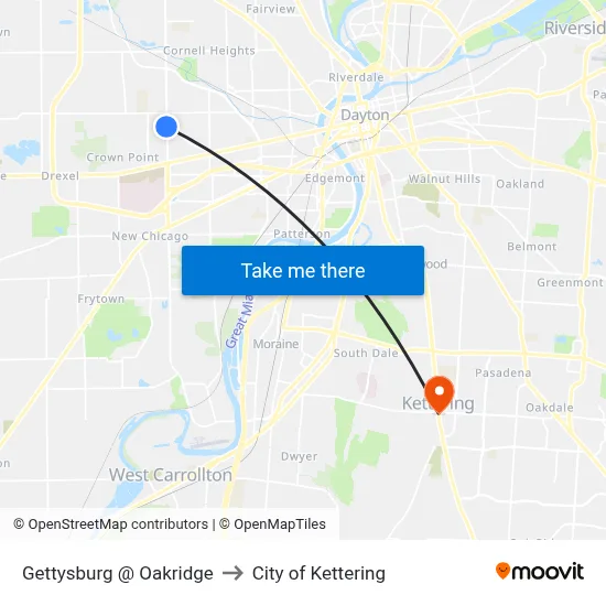 Gettysburg @ Oakridge to City of Kettering map