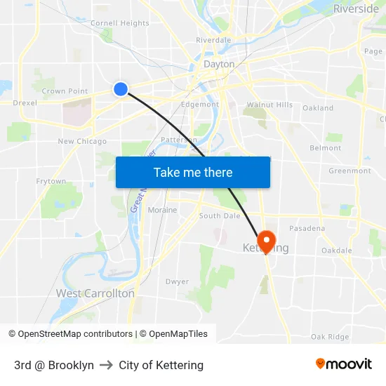 3rd @ Brooklyn to City of Kettering map