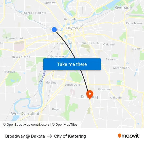 Broadway @ Dakota to City of Kettering map
