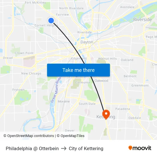 Philadelphia @ Otterbein to City of Kettering map
