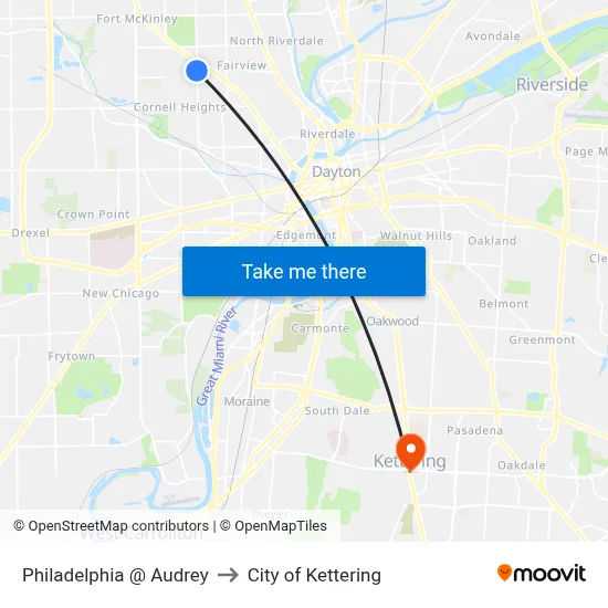 Philadelphia @ Audrey to City of Kettering map