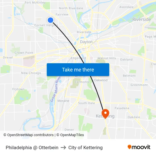 Philadelphia @ Otterbein to City of Kettering map