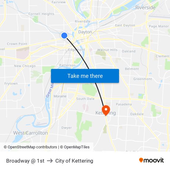 Broadway @ 1st to City of Kettering map