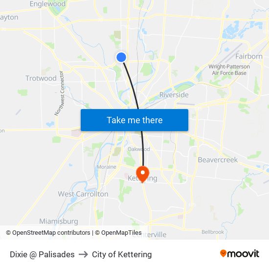 Dixie @ Palisades to City of Kettering map