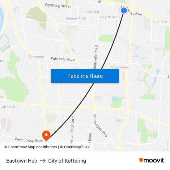 Eastown Hub to City of Kettering map